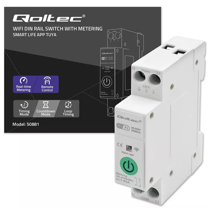 DIN-bėgio WiFi relė QOLTEC 50881 – tinklo perjungimo relė 63A elektros instaliacijai