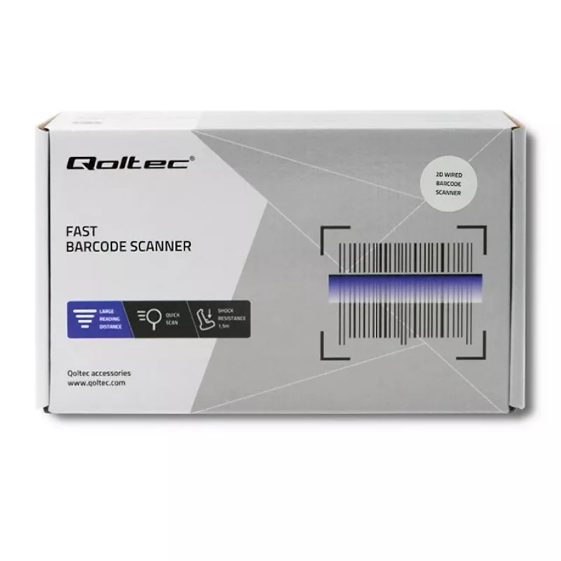 Rankinis brūkšninių kodų skaitytuvas QOLTEC 50863 – 1D/2D skaitytuvas, USB laidinis, LED jutiklis, juodas, 5V, 1,8 m laidas