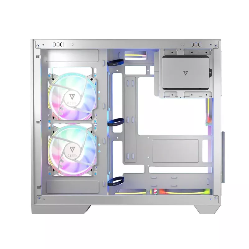 Korpusas MODECOM Volcano Panorama Midi Tower baltas – micro ATX, grūdintas stiklas, ARGB, USB-C, palaiko GPU iki 400 mm
