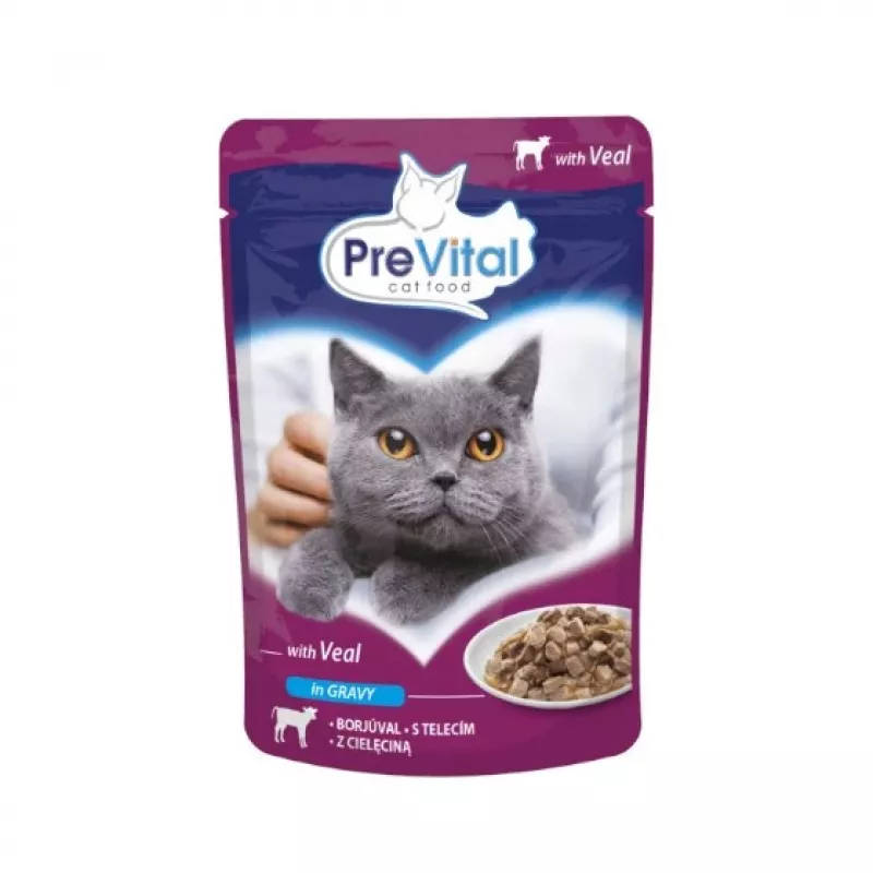 Šlapias kačių ėdalas PREVITAL Cat Food Mix 4 skoniai – vištiena, veršiena, lašiša, paukštiena, 96 x 100 g paketėliai (9,6 kg, suaugusioms katėms)