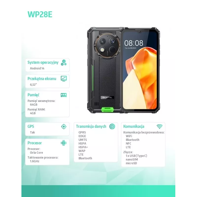 Oukitel WP28E 4/64 10600mAh DS išmanusis telefonas. Žalia spalva, be įkroviklio