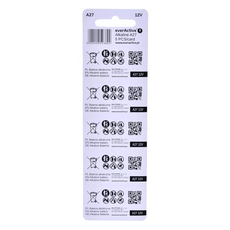 Įkraunamas baterijų rinkinys everActive 27A5BL, šarminis 12 V, cilindrinis, 5 vnt., 27,3 × 7,62 mm