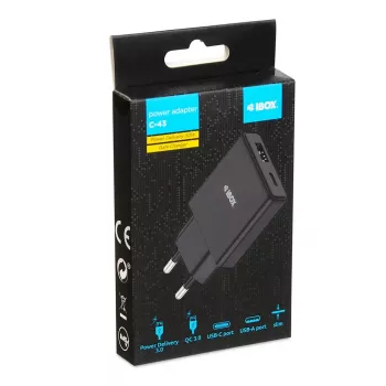 iBOX C-43 Slim GaN PD30W sieninis įkroviklis, juodas