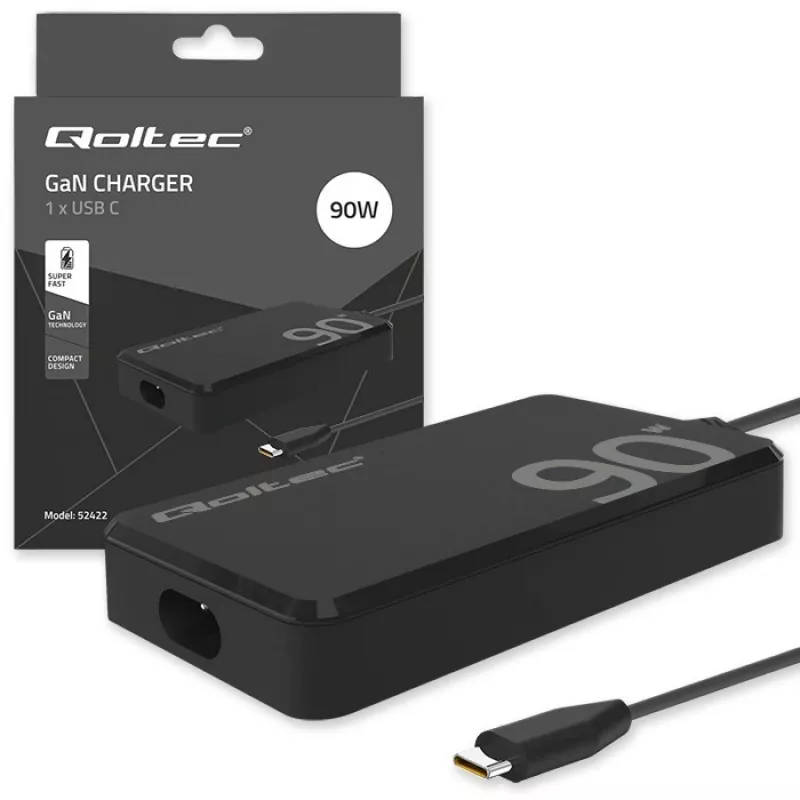Qoltec 90W GaN Super Fast SLIM Wall Charger | XP | 5-20V | 4.5A | USB-C 3.1 | Nešiojamam kompiuteriui | MacBook | Išmaniajam telefonui | + laidas