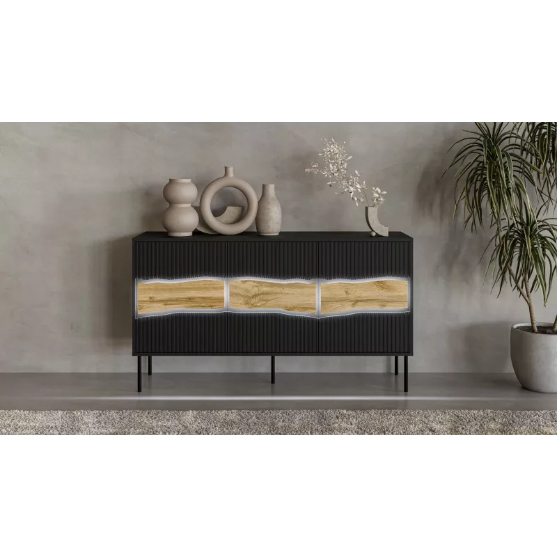 Komoda Cama Meble INSERTO 3D 143,5×40×80 cm juoda su LED, medžio drožlių plokštė, 16 mm rėmas