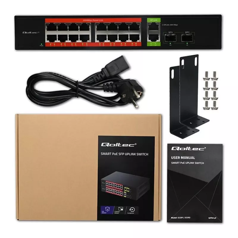 Tinklo jungiklis QOLTEC 52292 – Gigabit Ethernet PoE, 16x RJ45, 2x RJ45 uplink, 2x SFP