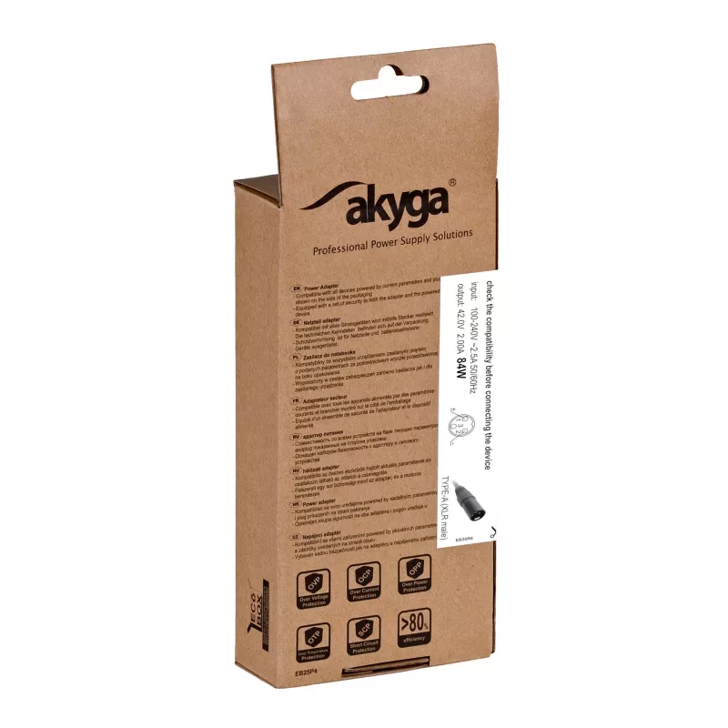 Akyga AK-EV-03 elektrinių dviračių ir paspirtukų įkroviklis 36 V akumuliatoriams, 42 V / 2 A, 84 W, XLR 3 kontaktų kištukas, 1 m