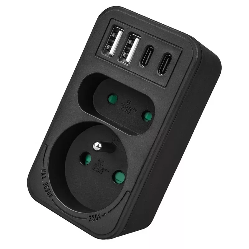 Maitinimo daliklis MACLEAN MCE249 F/B – 2 AC lizdai (16A + 6A) su 2×USB-A ir 2×USB-C PD 20W, EU kištukas, juodas