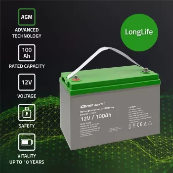 Qoltec 53038 AGM akumuliatorius | 12V | 100Ah | maks. 1200A