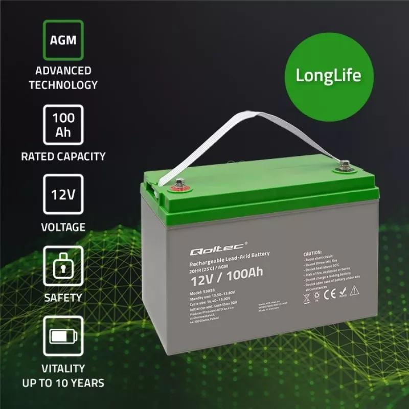 Qoltec 53038 AGM akumuliatorius | 12V | 100Ah | maks. 1200A