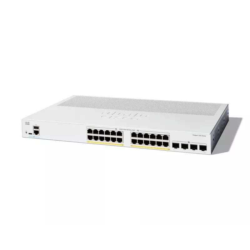 Cisco Catalyst 1200-24P-4X išmanusis jungiklis, 24 prievadai GE, PoE, 4x10GE SFP+, ribota viso gyvenimo apsauga (C1200-24P-4X)