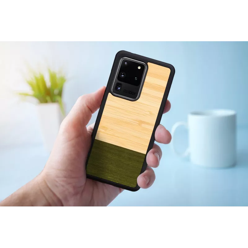 Dėklas Samsung Galaxy S20 Ultra medinis bambukas juodas – apsauginis kietas dangtelis su natūralaus bambuko intarsija
