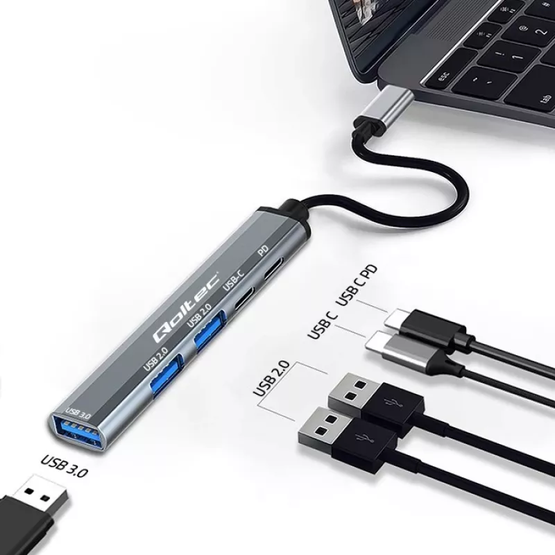 Qoltec 53790 USB-C 3.1 5in1 adapterio šakotuvas | USB-C PD | USB-C | 2x USB 2.0 | USB 3.0