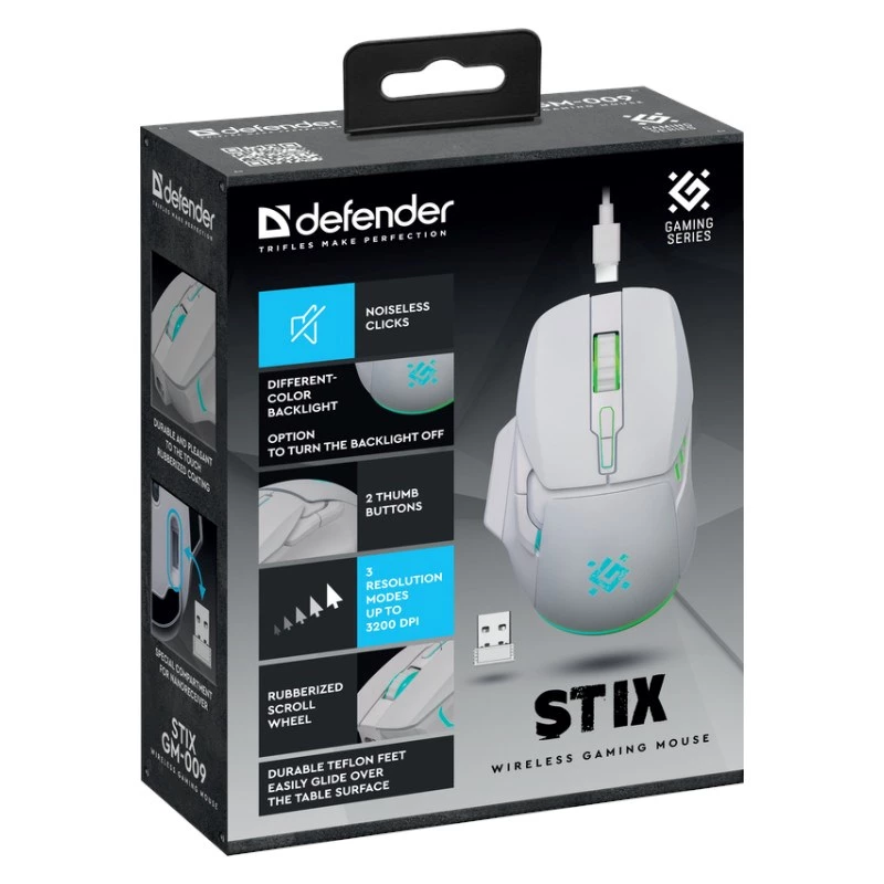 Belaidė pelė DEFENDER Stix GM-009 RF – optinė 3200 DPI, 6 mygtukų, ambidekstrinė, USB RF, maitinama baterija, balta