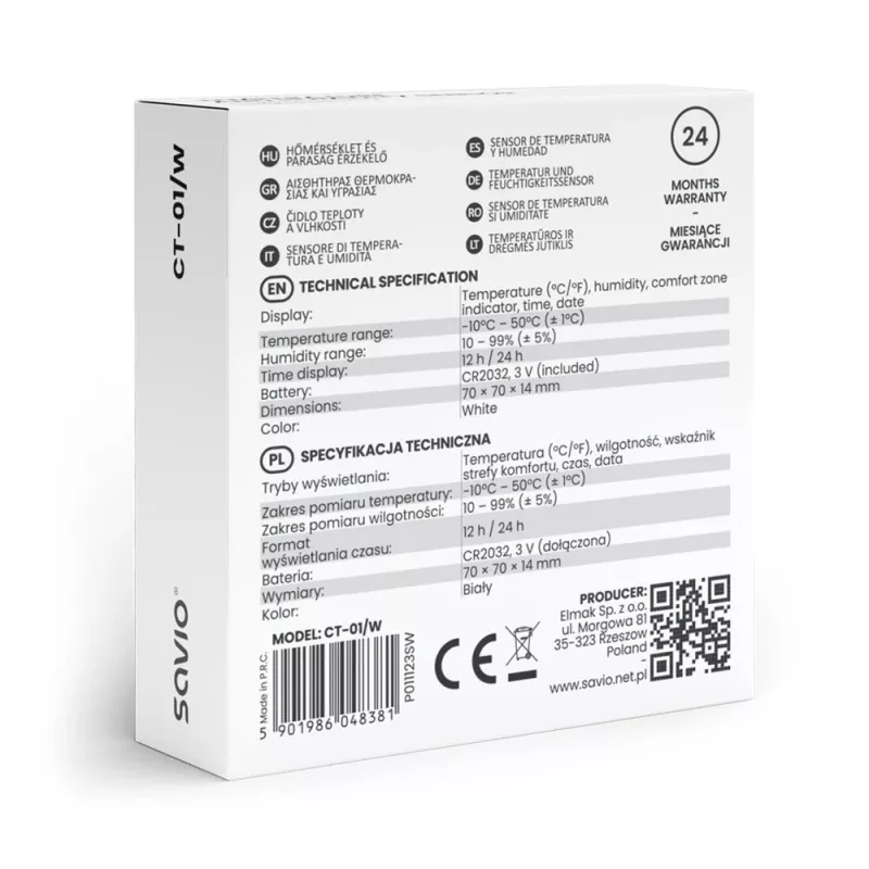 Vidaus temperatūros ir drėgmės jutiklis SAVIO CT-01/W, LCD ekranas, -10–55°C, 10–99%RH, baterija CR2032