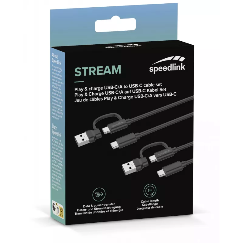USB 3.2 Gen 1 (3.1 Gen 1) kabelis Speedlink SL-460101-BK, 3 m, USB A/USB C į USB C, juodas