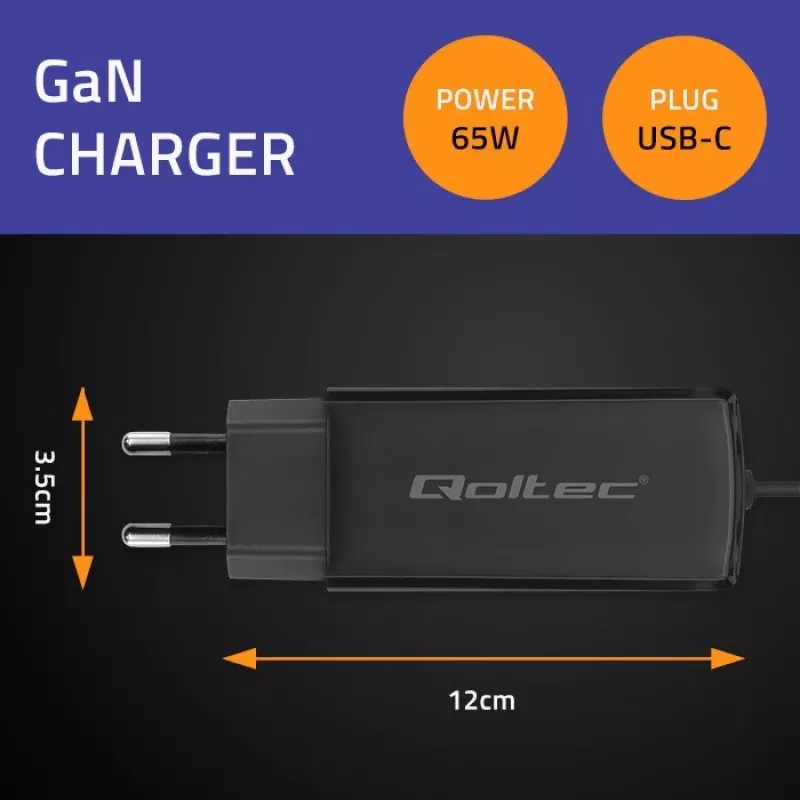 GaN nešiojamojo kompiuterio kroviklis QOLTEC 52419 65 W USB-C PD 5 V/20 V 3 A/3,25 A, 220–240 V, 1,8 m laidas, juodas