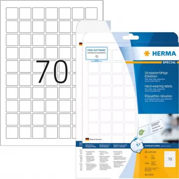 HERMA Special – Plėvelinės etiketės – matinės – lipnios – Baltos – 24 x 24 mm – 1750 vnt. (25 lapų x 70) (8339)
