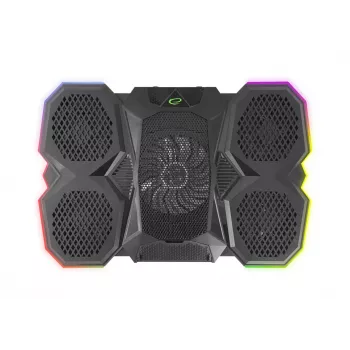 Aušintuvas nešiojamam kompiuteriui ESPERANZA EGC107 — 3 ventiliatoriai 1200–2600 RPM, 390×255×38 mm, USB PD, RGB, 5 aukščio padėtys, juodas
