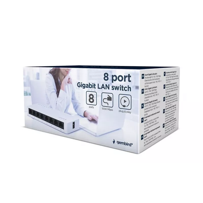Nevaldomas jungiklis GEMBIRD NSW-G8-01 — 8× Gigabit Ethernet (10/100/1000), baltas, DC 5V