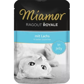 Šlapias kačių ėdalas Miamor Ragout Royale drebučiuose su lašiša 100 g – suaugusioms katėms