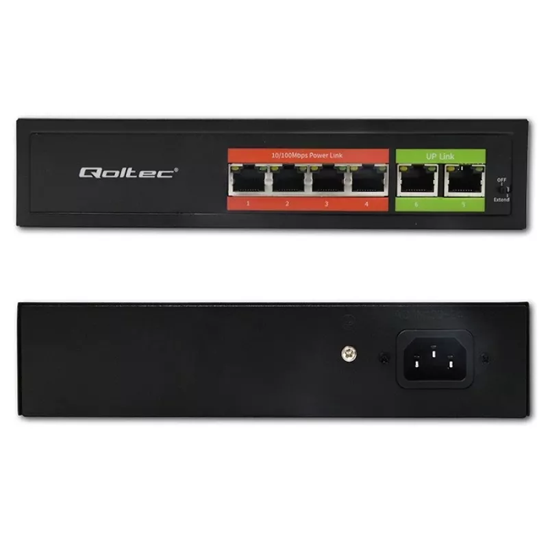 Eterneto PoE jungiklis QOLTEC 52289 — 4x RJ45 PoE prievadai, 2x RJ45 uplink, 65W galios biudžetas