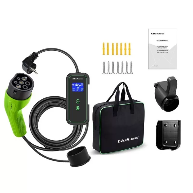 Qoltec Mobile EV Car Charger nešiojamas elektromobilio įkroviklis 2in1 Type2 | 3.5kW | 230V | Wi-Fi | LCD | 5m