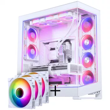 PHANTEKS NV Series NV7 E-ATX korpusas, grūdintas stiklas, ARGB – baltas su M25 Gen2 PWM D-RGB ventiliatorių 3 vnt. komplektu – atvirkštinė mentė, 140 mm + DRGB rinkinys