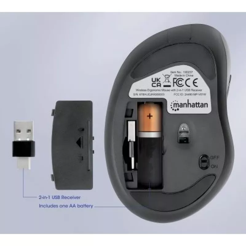 Manhattan ergonominė belaidė pelė, dešiniarankiams, reguliuojama 800/1200/1600 dpi, 2,4 GHz (iki 10 m), šeši mygtukai su slinkimo ratuku, kombinuotas USB-A ir USB-C imtuvas, juoda, AA baterija (įtraukta), trejų metų garantija