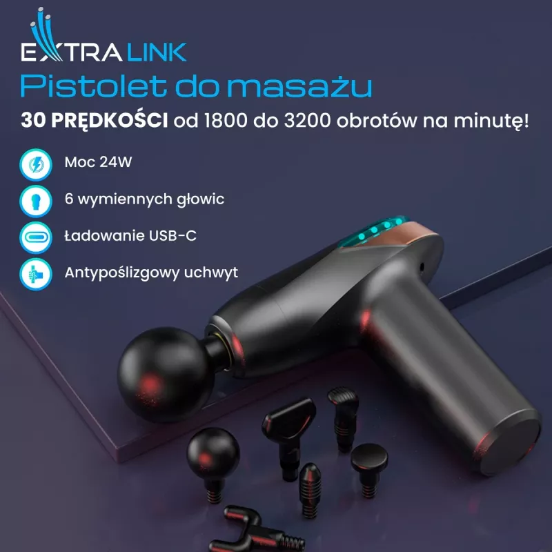 Masažinis pistoletas Extralink MSG-02-LITE 3200 aps./min. 6 antgaliai