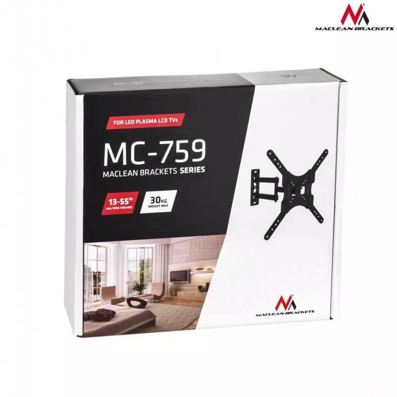 Sieninis TV laikiklis Maclean MC-759 13–55 colių, 30 kg, VESA 75x75–400x400, pasukamas ir reguliuojamo gylio