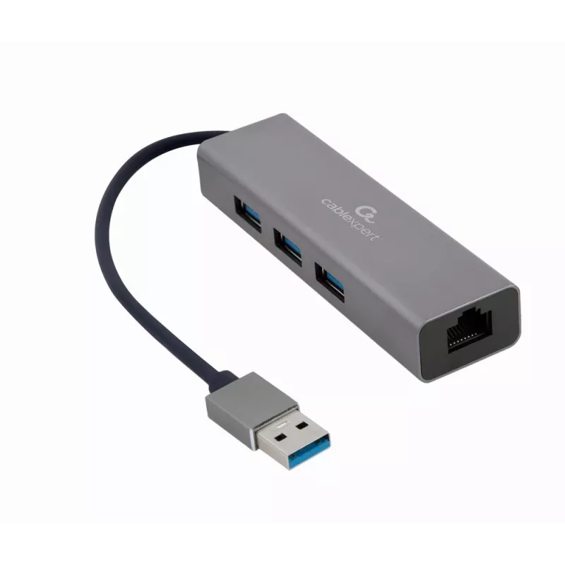 Gembird A-AMU3-LAN-01 USB-A į Gigabit LAN adapteris su 3 prievadų USB 3.0 šakotuvu, juodas