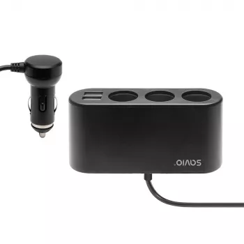 Automobilinis USB įkroviklis SAVIO SA-024 – universalus mobiliųjų įrenginių įkroviklis, įėjimas 12–24 V, išėjimas 5 V, juodas, cigarečių degtukas