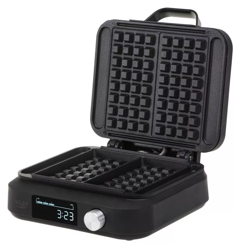 Vafelinė Adler AD 3087 – elektrinė belginių vaflių keptuvė, 2200 W, 2 stačiakampės plokštės 9×17 cm, juoda
