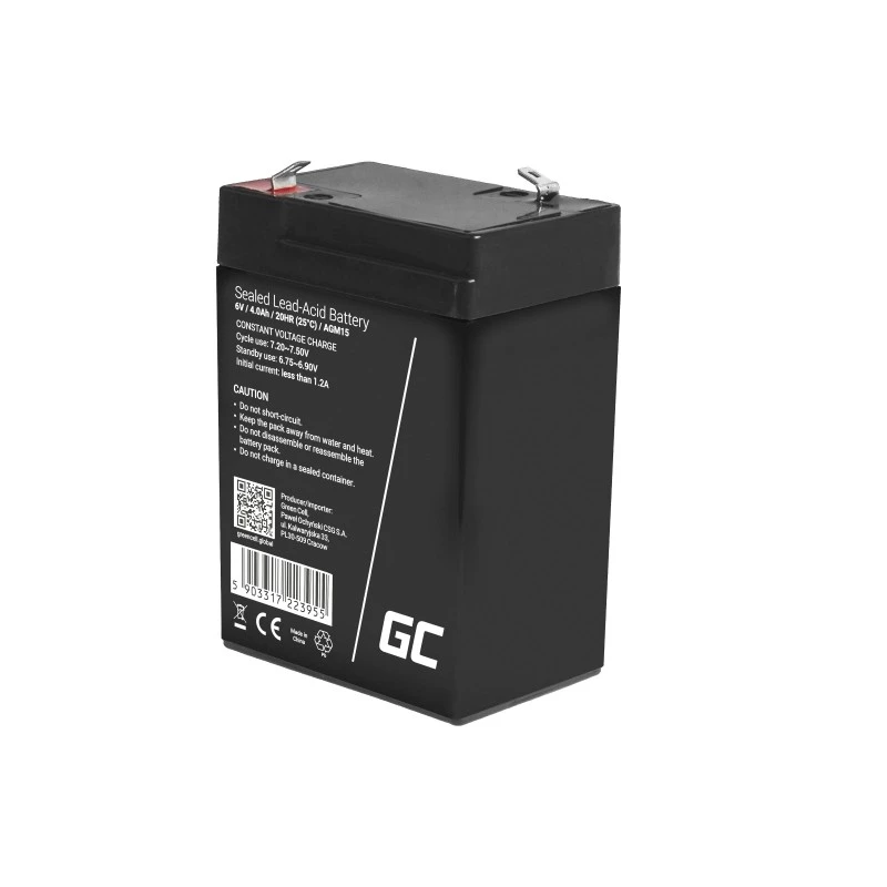 UPS baterija Green Cell AGM15, 6 V, 4 Ah, sandarus švino rūgšties (VRLA), juoda, 680 g