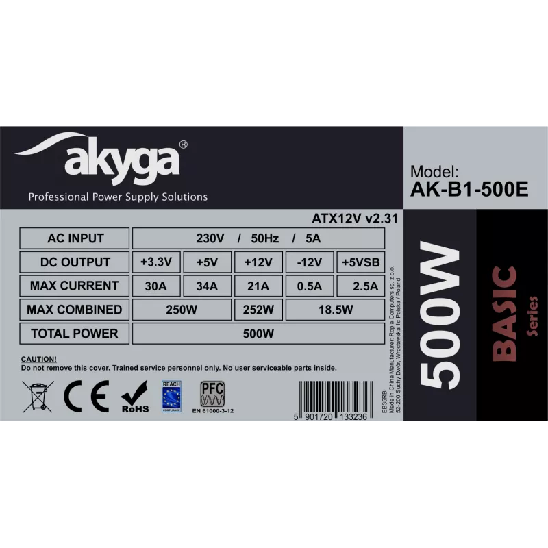 Akyga AK-B1-500E Basic 500 W ATX maitinimo blokas, pasyvusis PFC, 120 mm ventiliatorius, pilkas