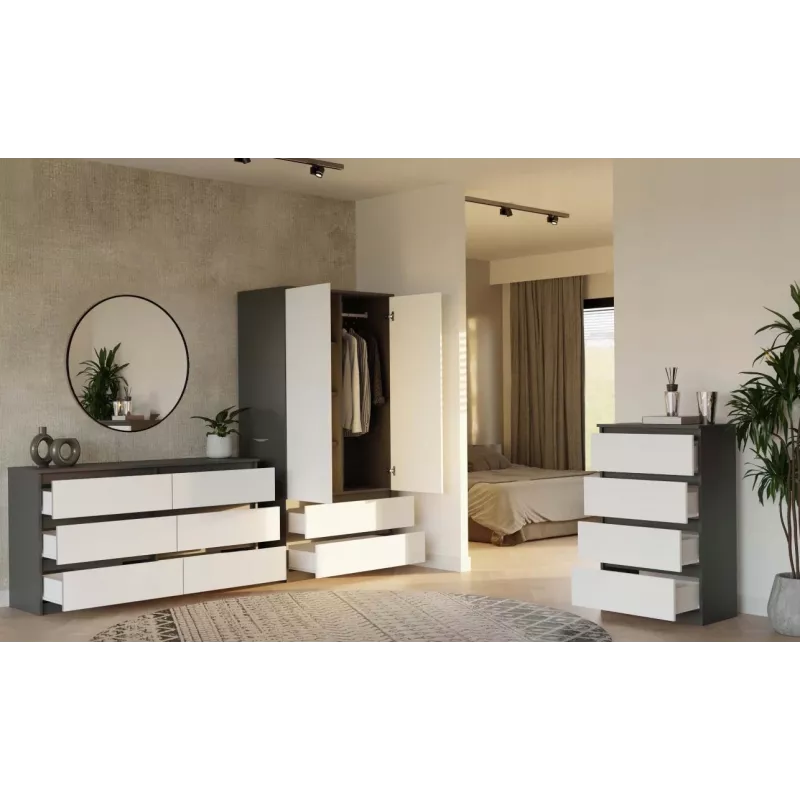 Spinta MALWA SS-90, 90×180×50 cm, antracitinis rėmas, balti varstomi durys, 2 stalčiai, laminatas 16 mm