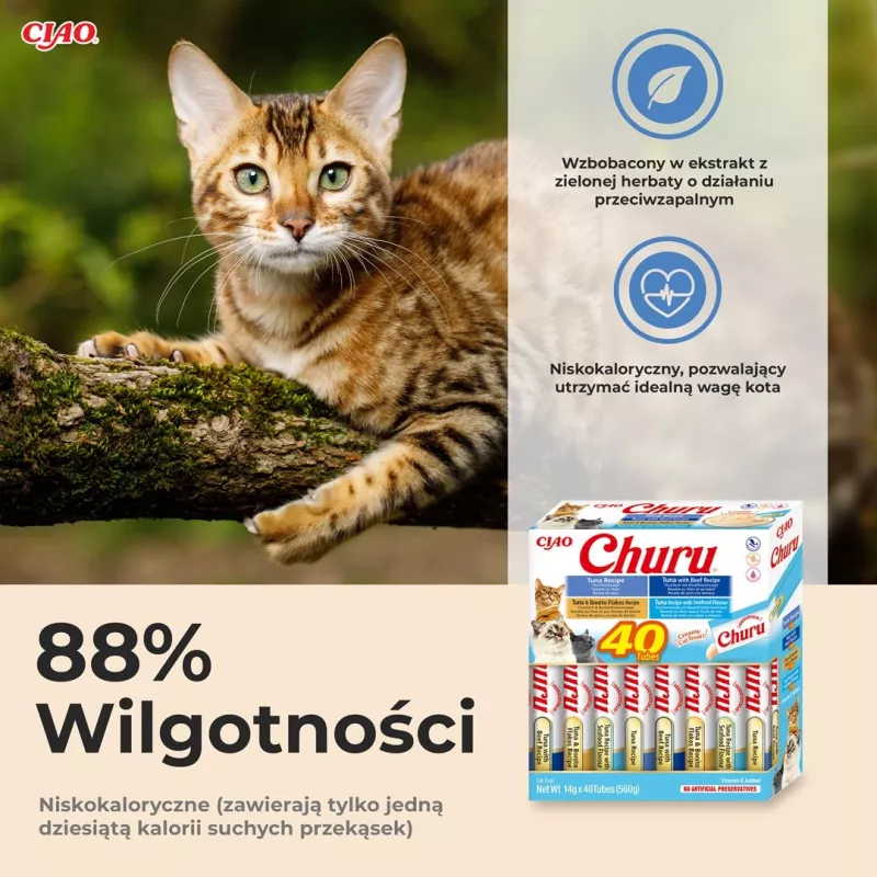 Drėgni skanėstai katėms INABA Churu Variety box Tunas su jūros gėrybėmis — 40 x 14 g pastos paketėlių, be grūdų, be cukraus