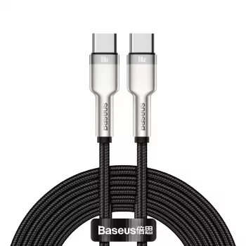 USB-C į USB-C laidas Baseus Cafule Metal — 2 m, 100W įkrovimas, USB 2.0 (480 Mbps), cinkuoti kontaktai, juoda