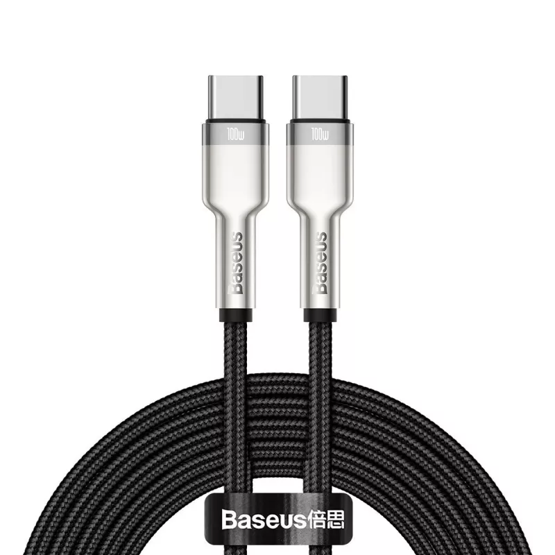 USB-C į USB-C laidas Baseus Cafule Metal — 2 m, 100W įkrovimas, USB 2.0 (480 Mbps), cinkuoti kontaktai, juoda