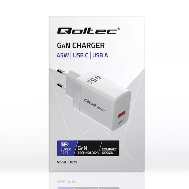 Qoltec GaN 45W įkroviklis 5V 20V 1,5A 3A, 1xUSB C PD, 1xUSB