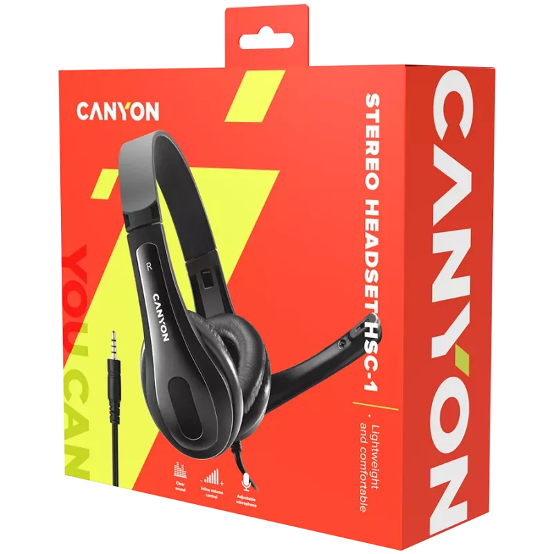 CANYON HSC-1 PC ausinės su mikrofonu, 2 m plokščias laidas, juodos spalvos