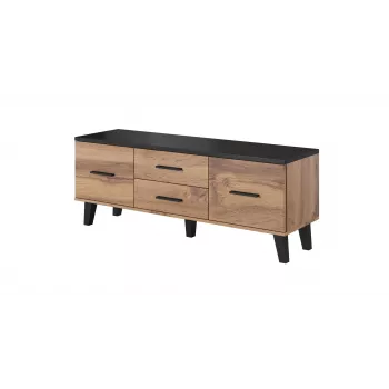 TV stovas Cama Meble LOTTA 140 cm – wotan ąžuolo rėmas, juoda medžio drožlių plokštės viršus, 1400×400×530 mm
