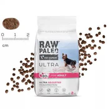 Sausas šunų ėdalas VETEXPERT RAW PALEO Ultra Pork Mini Adult 2 kg – suaugusiems mažų veislių šunims, kiauliena, 31% baltymų, 17,5% riebalų