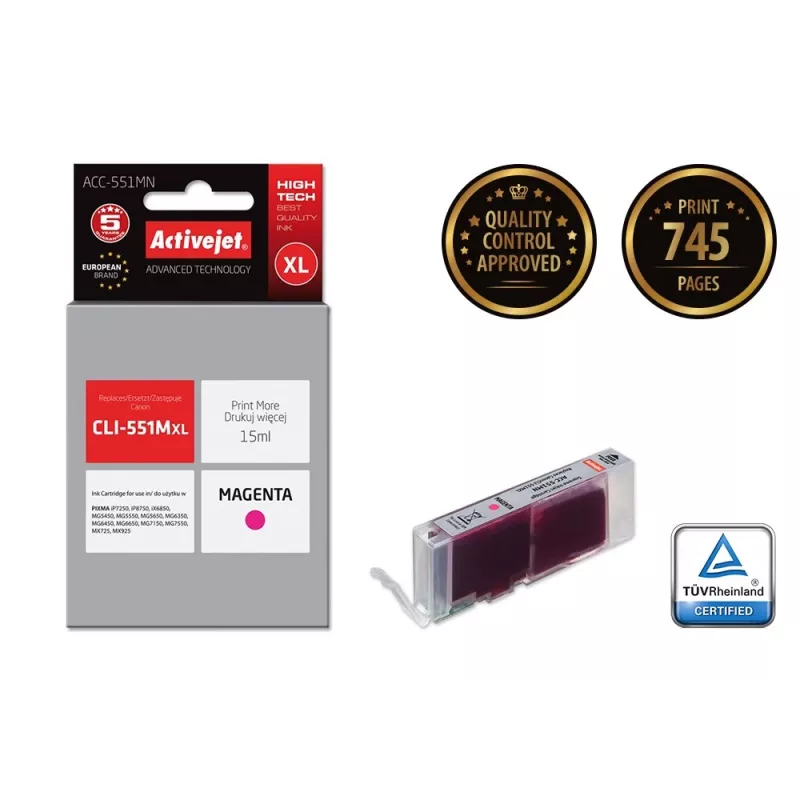 Activejet ACC-551MN rašalo kasetė (Canon CLI-551M atitikmuo; Supreme; 15 ml; magenta)