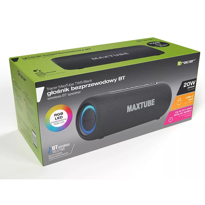 Garsiakalbiai TRACER MaxTube 20W TWS Bluetooth, juodi