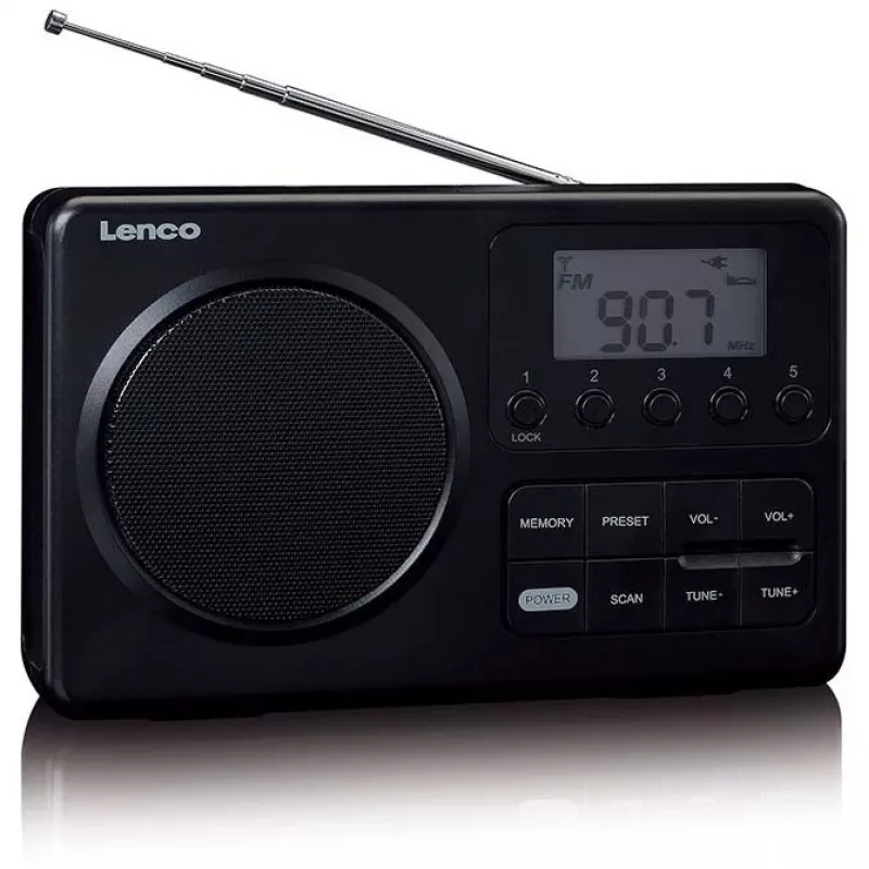 Nešiojamas radijo imtuvas Lenco MPR-035BK – FM/AM, maitinimas iš tinklo arba baterijų, 2,5 colio LCD, 20 FM išankstinių nustatymų, 3,5 mm išvestis