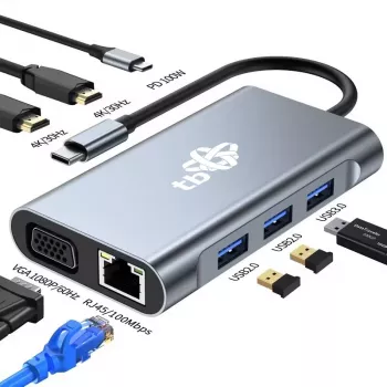 HUB 8v1 adapteris USB-C HDMI x2 USB VGA RJ45 PD