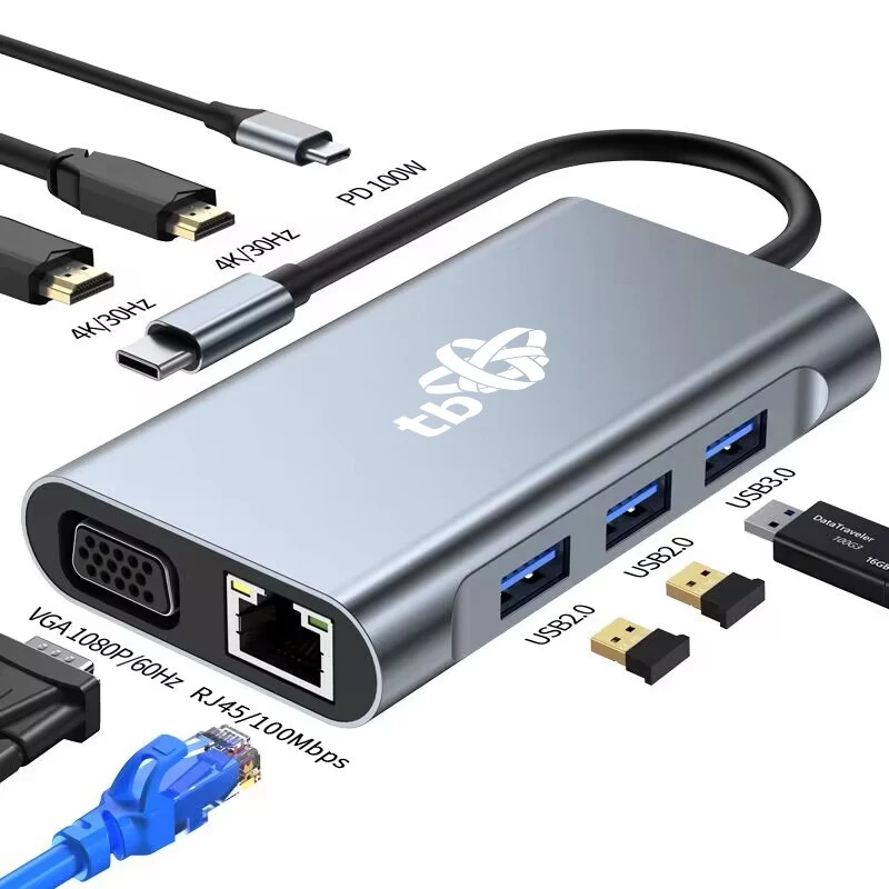 HUB 8v1 adapteris USB-C HDMI x2 USB VGA RJ45 PD