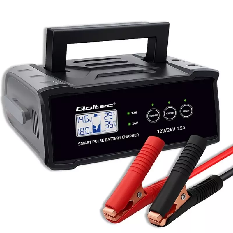 Akumuliatoriaus įkroviklis QOLTEC 52514 — 12V/24V, 25A, AGM/GEL/SLA akumuliatoriams su LCD ekranu